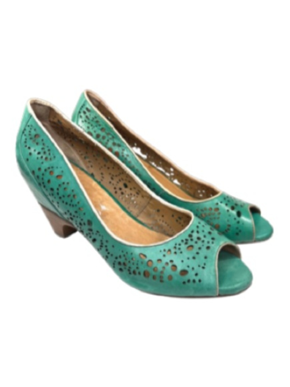 Miz Mooz Teal Laser-Cut Peep-Toe Heels